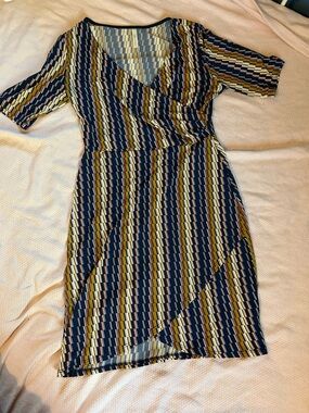 Striped V-Neck Faux Wrap Dress in Navy and Mustard